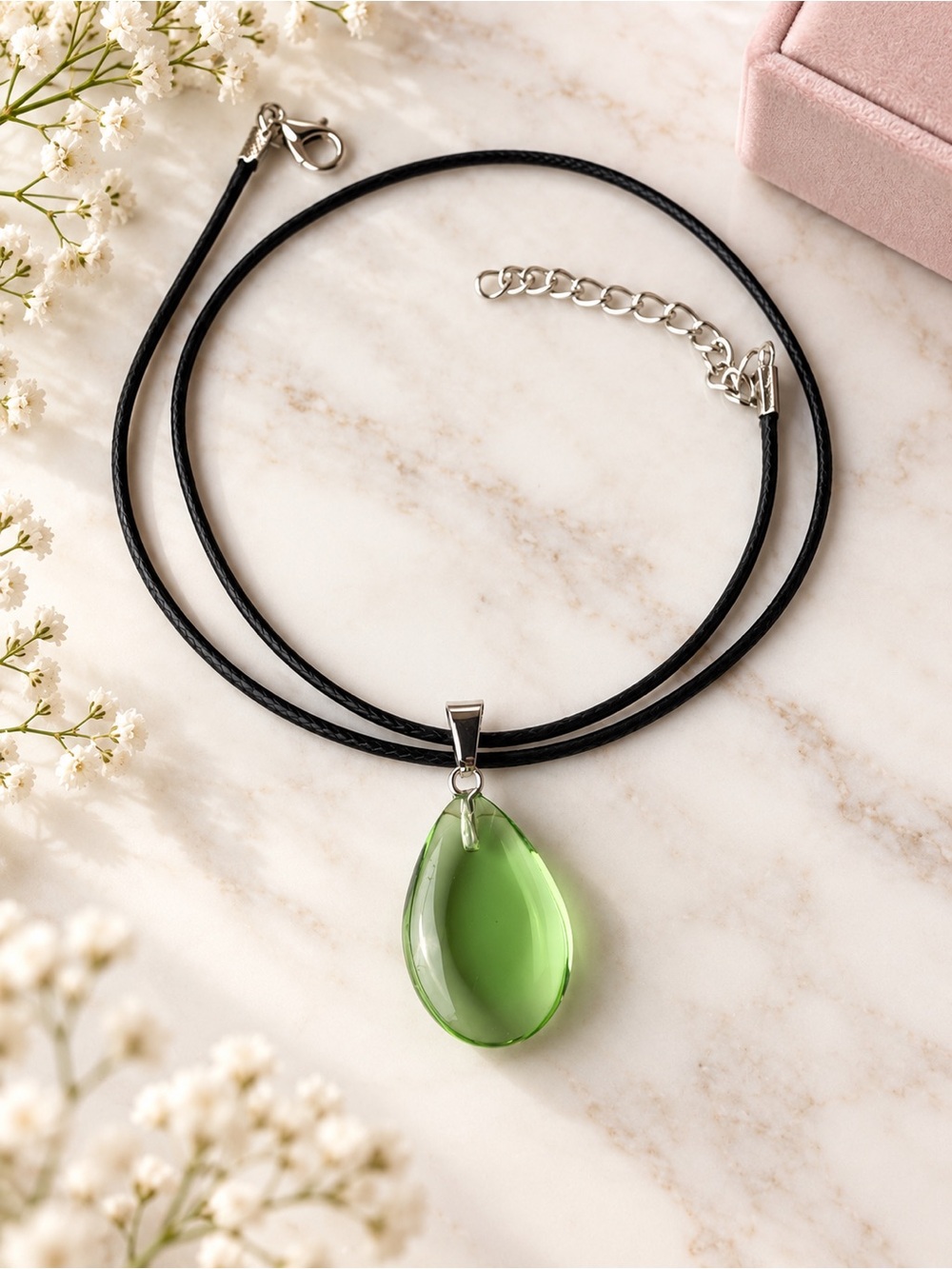 Green Teardrop Pendant Necklace with Black Cord